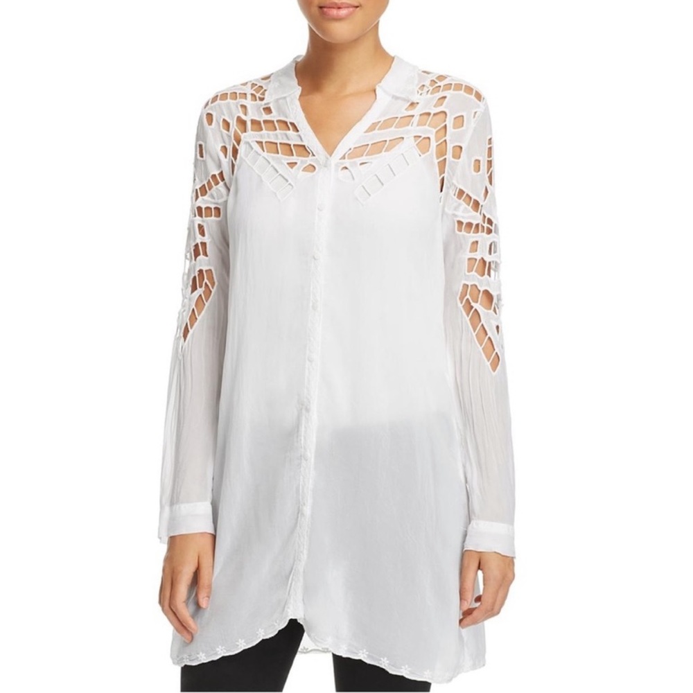 Johnny Was Eyelet Lace Tunic White Boho Beach Cover Up